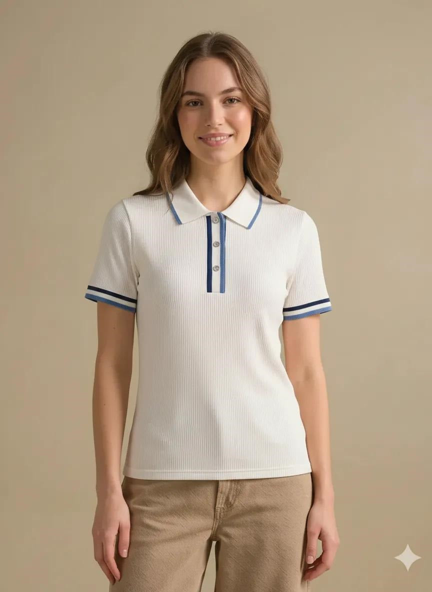 Women Off White Polo Collar Cotton T-shirt