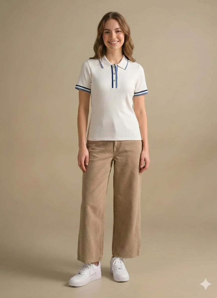 Women Off White Polo Collar Cotton T-shirt