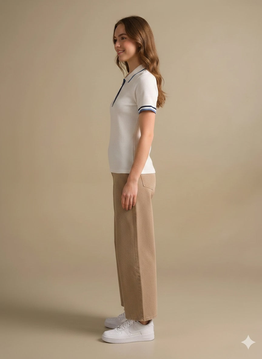Women Off White Polo Collar Cotton T-shirt