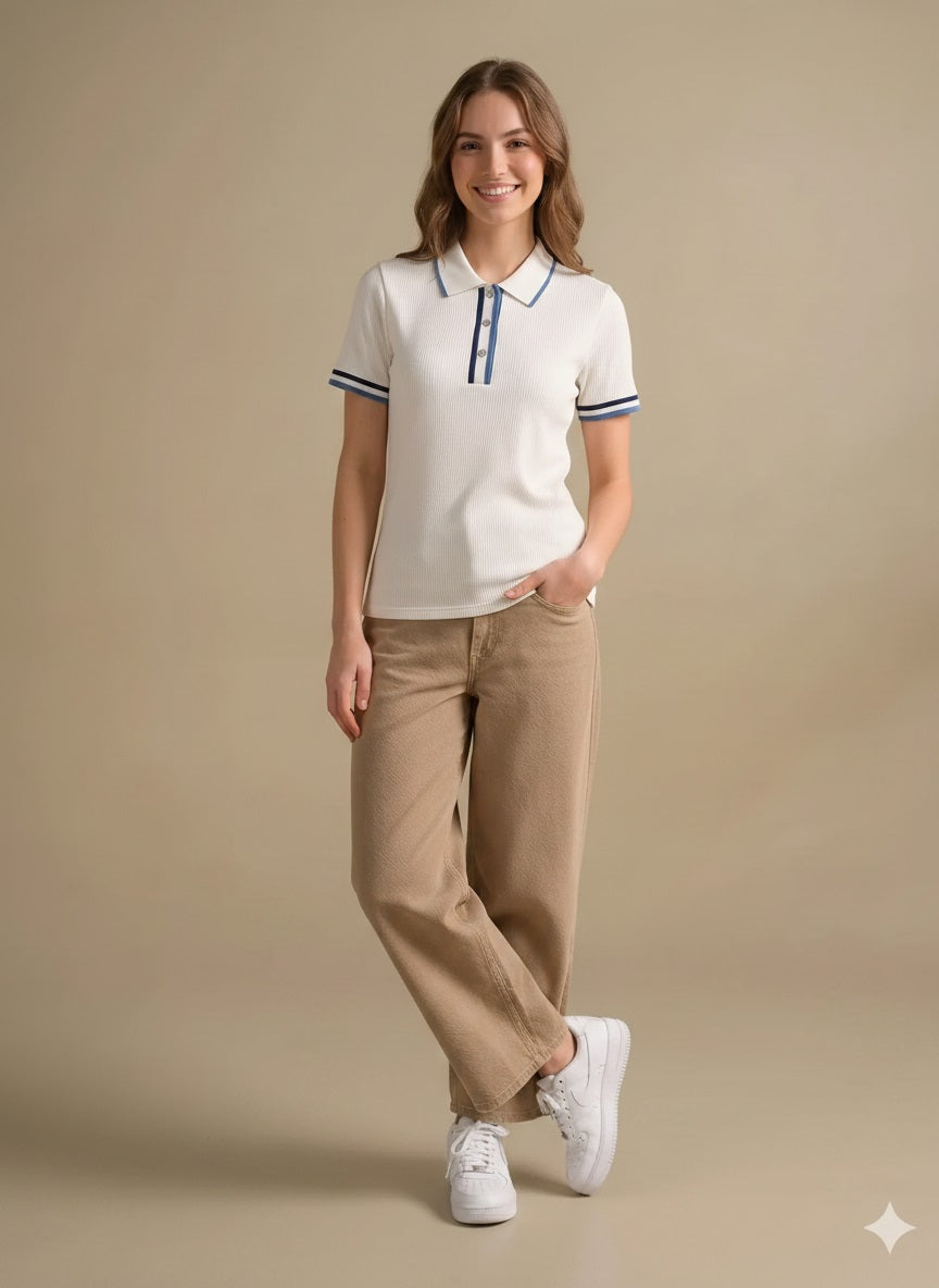 Women Off White Polo Collar Cotton T-shirt