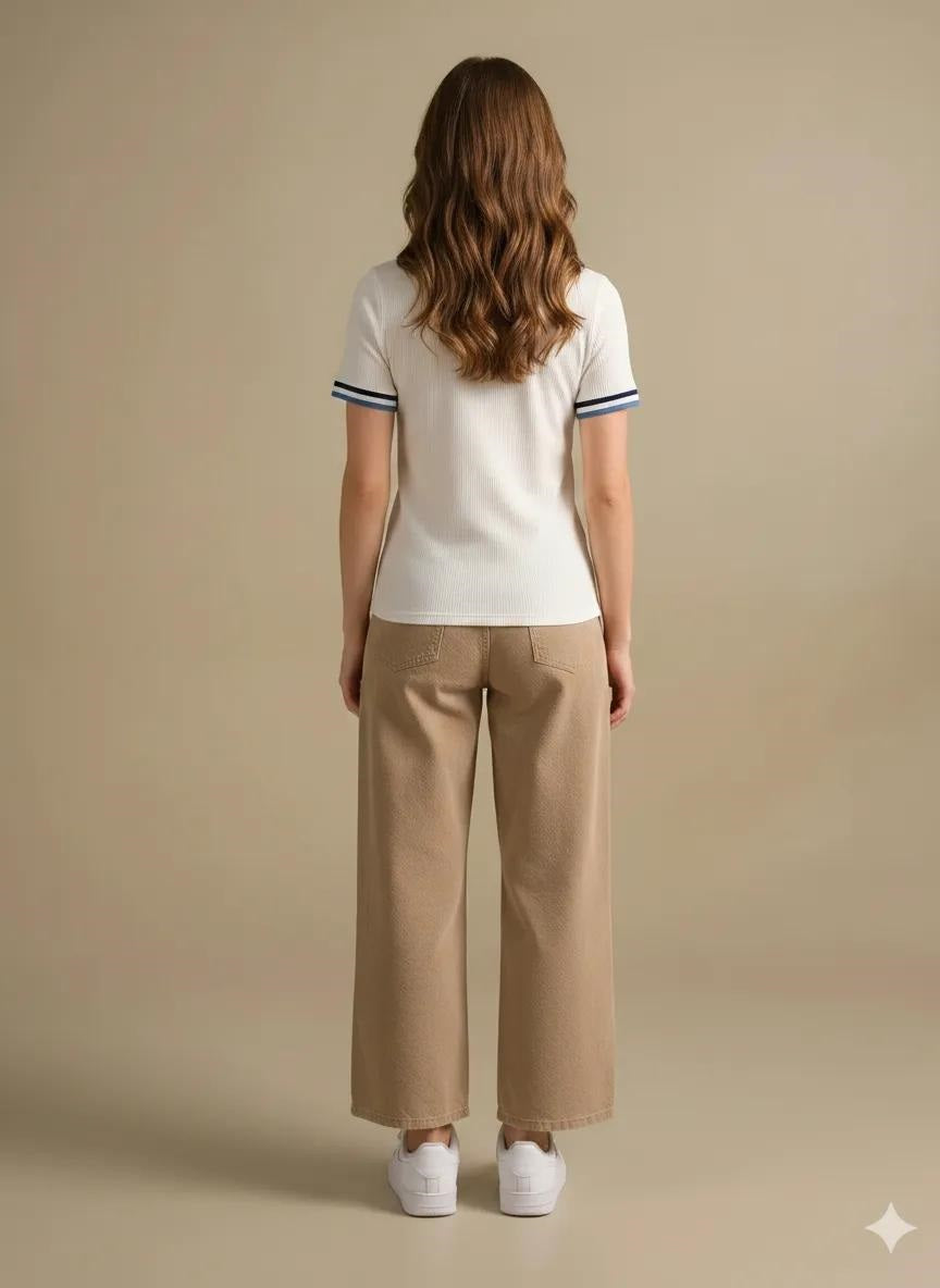 Women Off White Polo Collar Cotton T-shirt