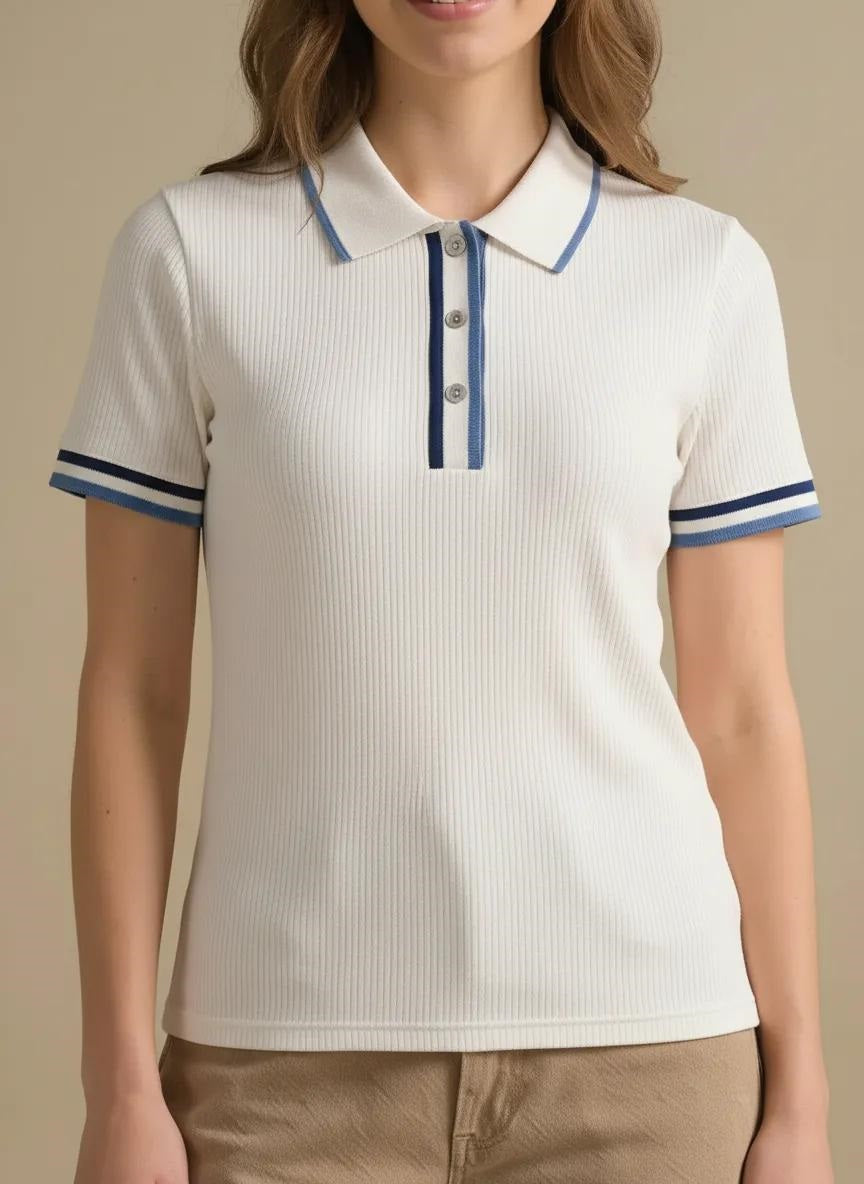 Women Off White Polo Collar Cotton T-shirt