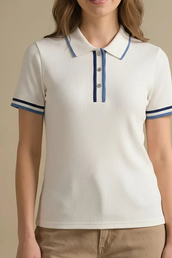 Women Off White Polo Collar Cotton T-shirt