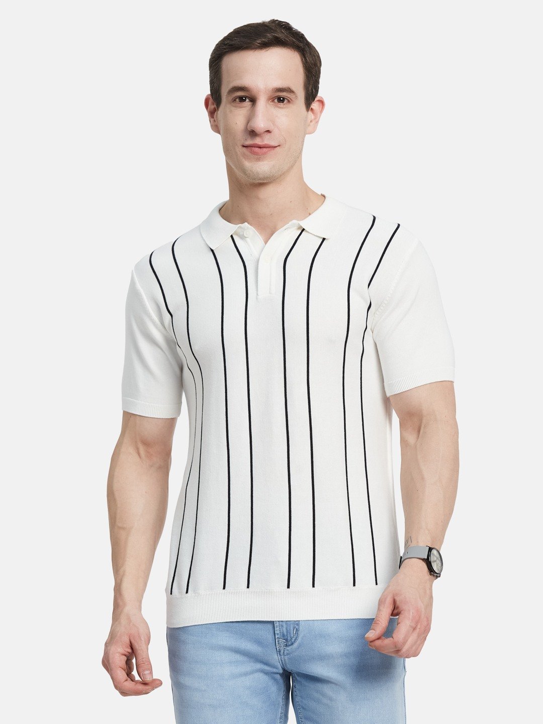 METTLE Men Striped Polo Collar Cotton T-shirt