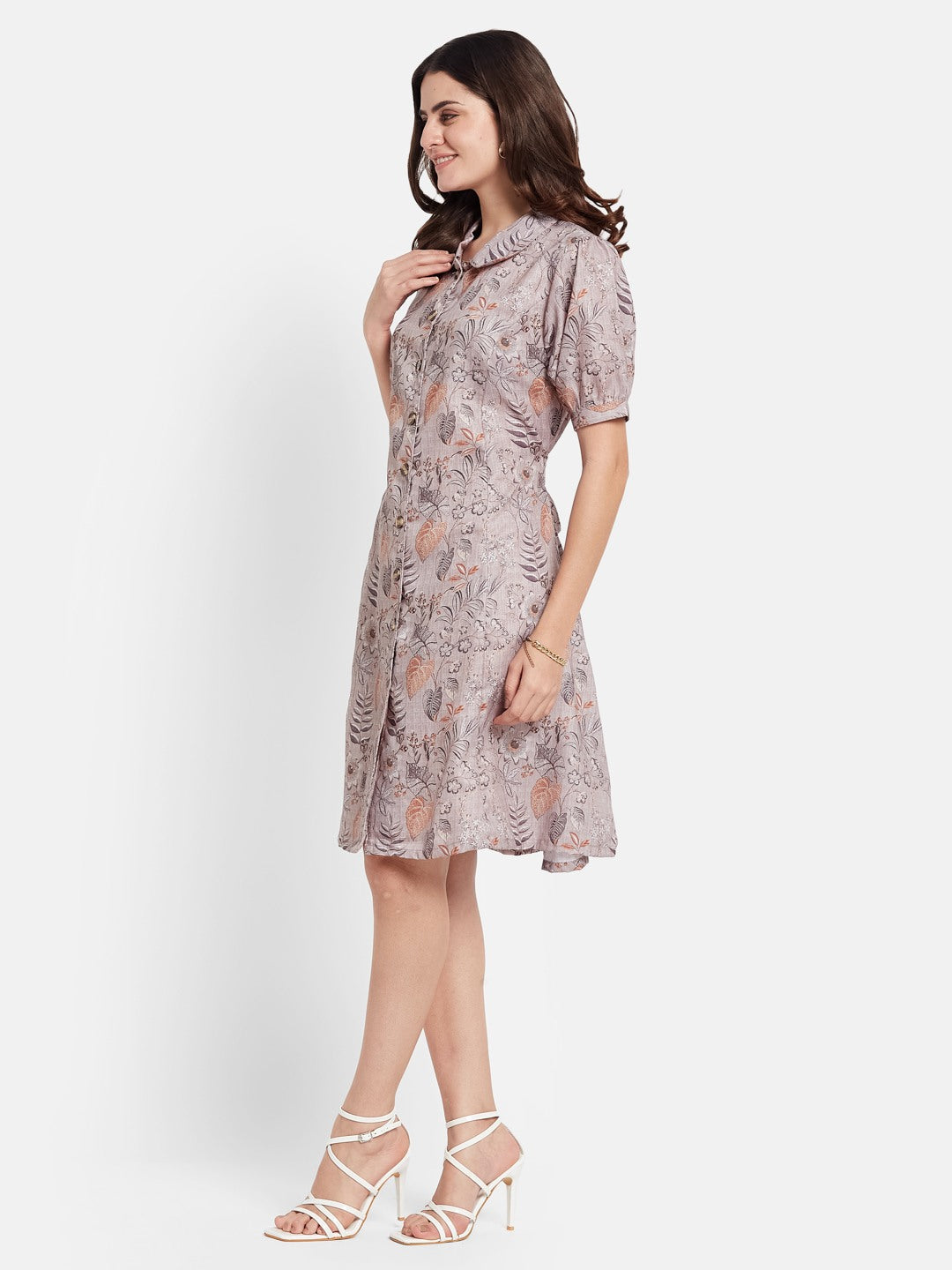 METTLE Women Floral Printed Puff Sleeves Cotton Shirt Dress