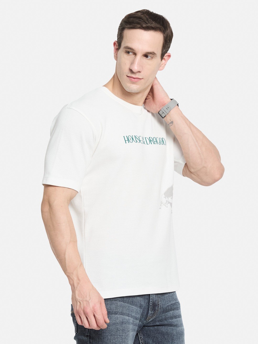 OVERSIZED WARNER BROTHERS BACK PRINT ROUND NECK WAFFLE KNIT T-SHIRT