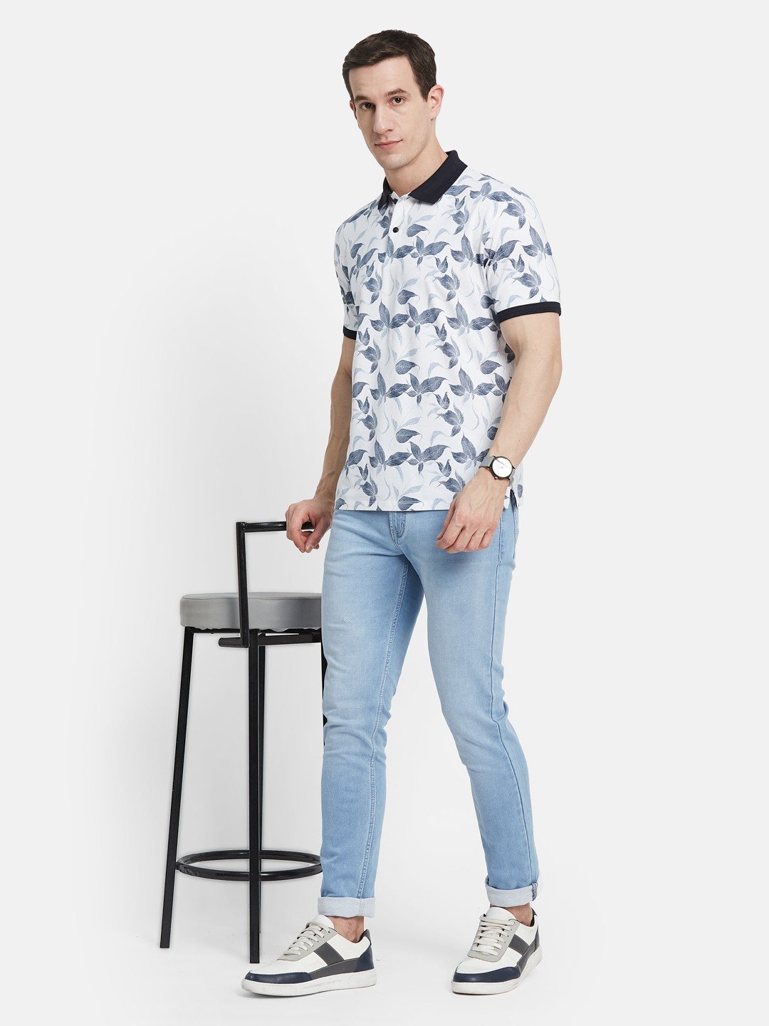 AOP FLORALPRINT  POLO NECK SINGLE JERSEY KNIT LYCRA T-SHIRT