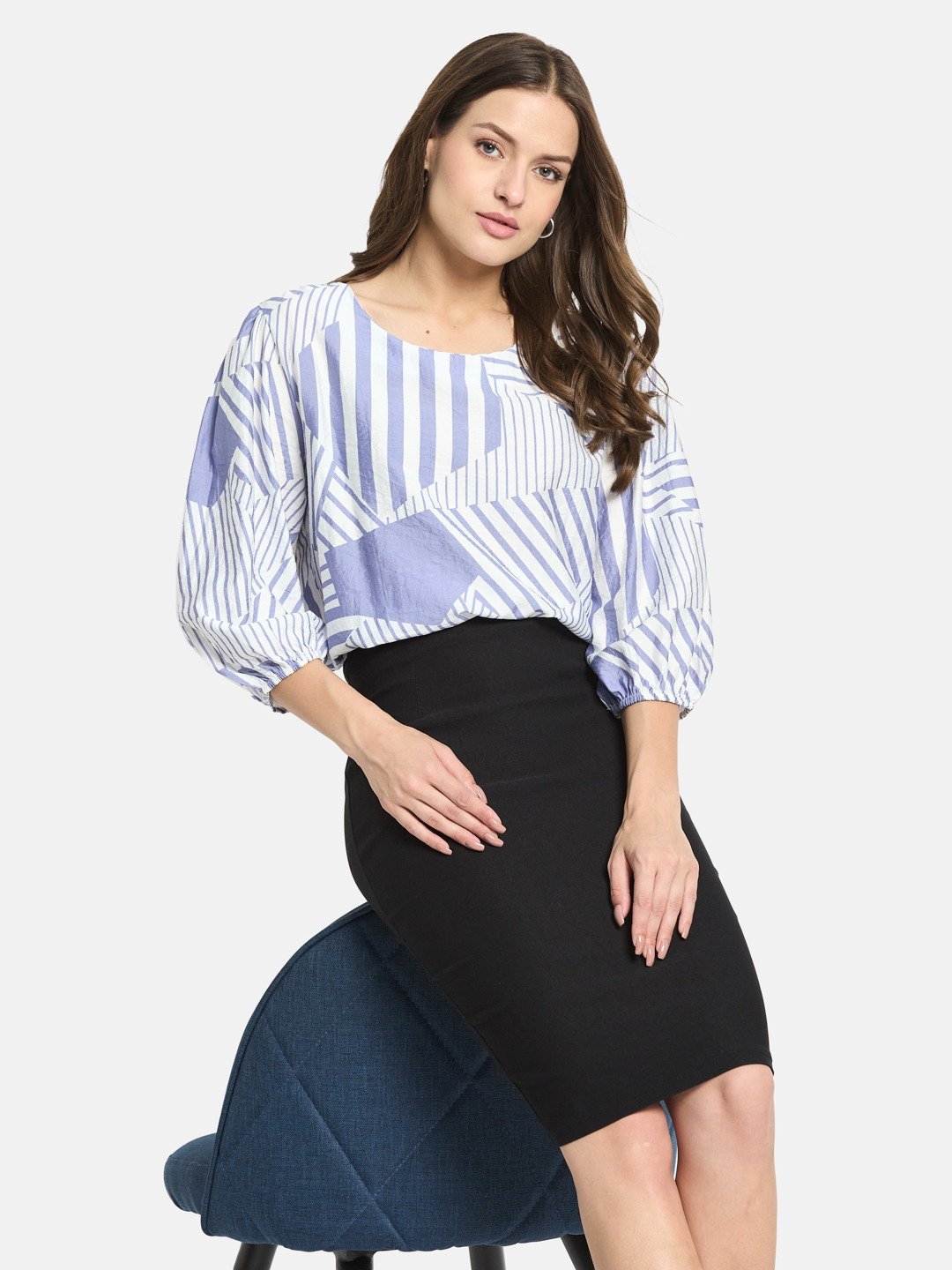 METTLE Women Light Teal Printed Cotton Top
