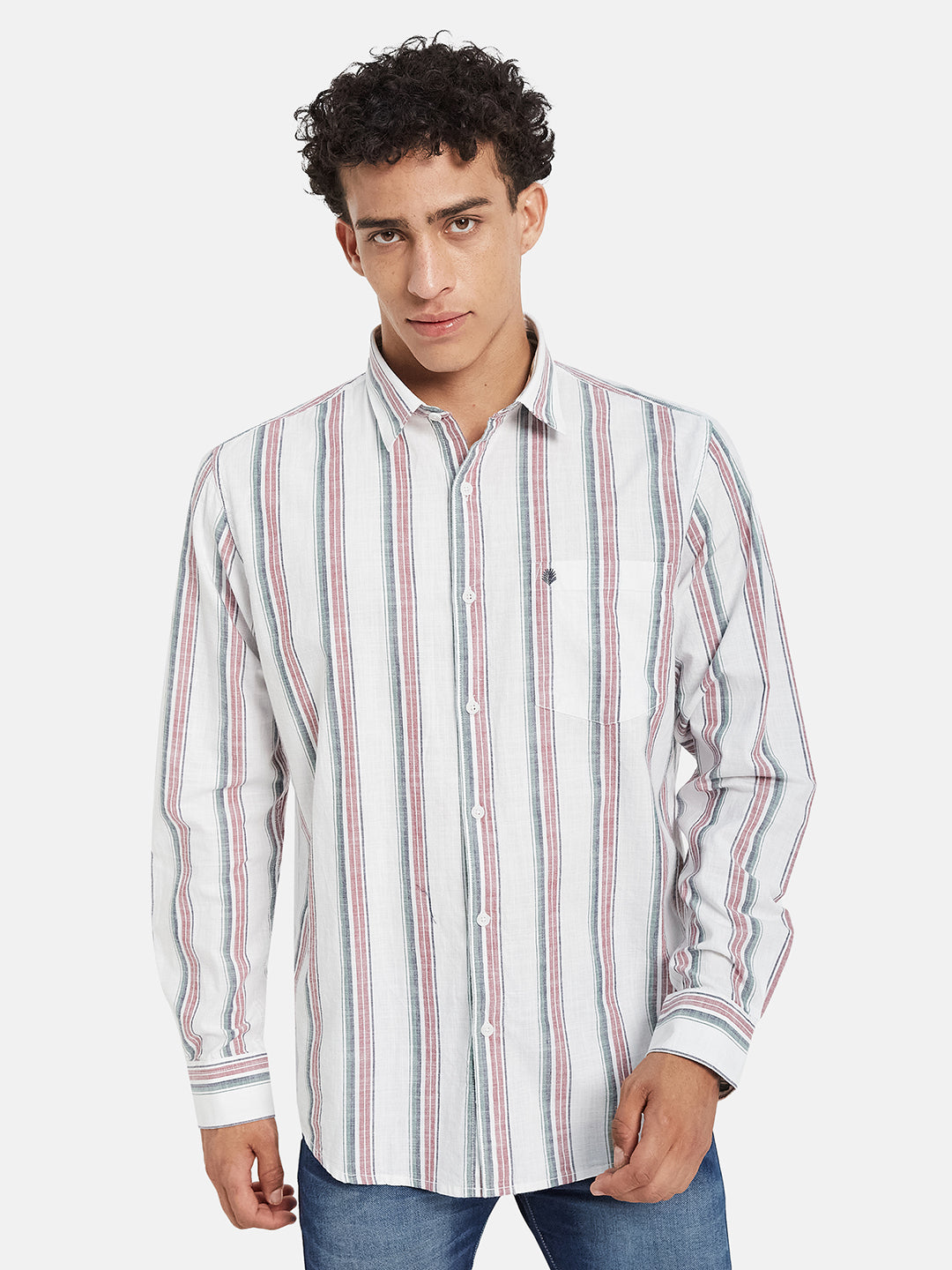 METTLE Striped Long Sleeves Spread Collar Cotton Opaque Regular Fit Casual Shirt
