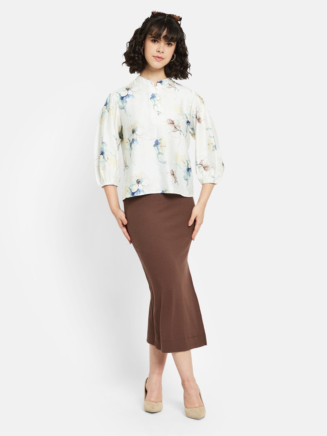 METTLE Off White Floral Print Mandarin Collar Cotton Top