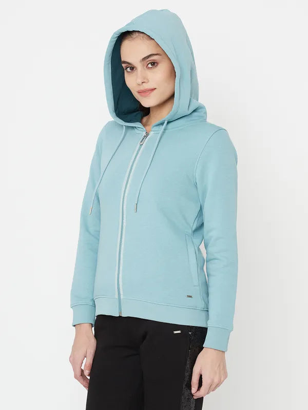 Mettle Women Green Hooded Sweatshirt