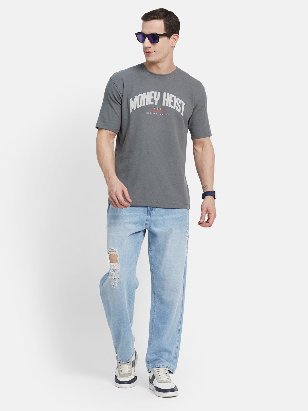 OVERSIZED NETFLIX MONEY HEIST PRINT ROUND NECK WAFFLE KNIT T-SHIRT