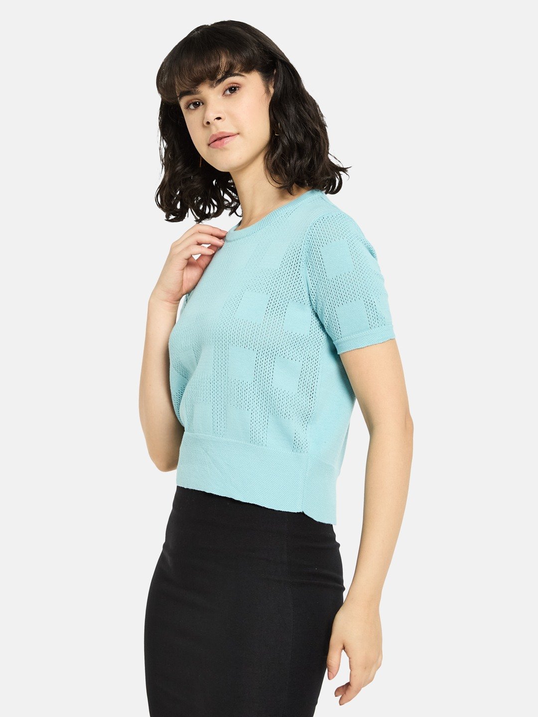 METTLE Women Checked Round Neck Cotton T-shirt