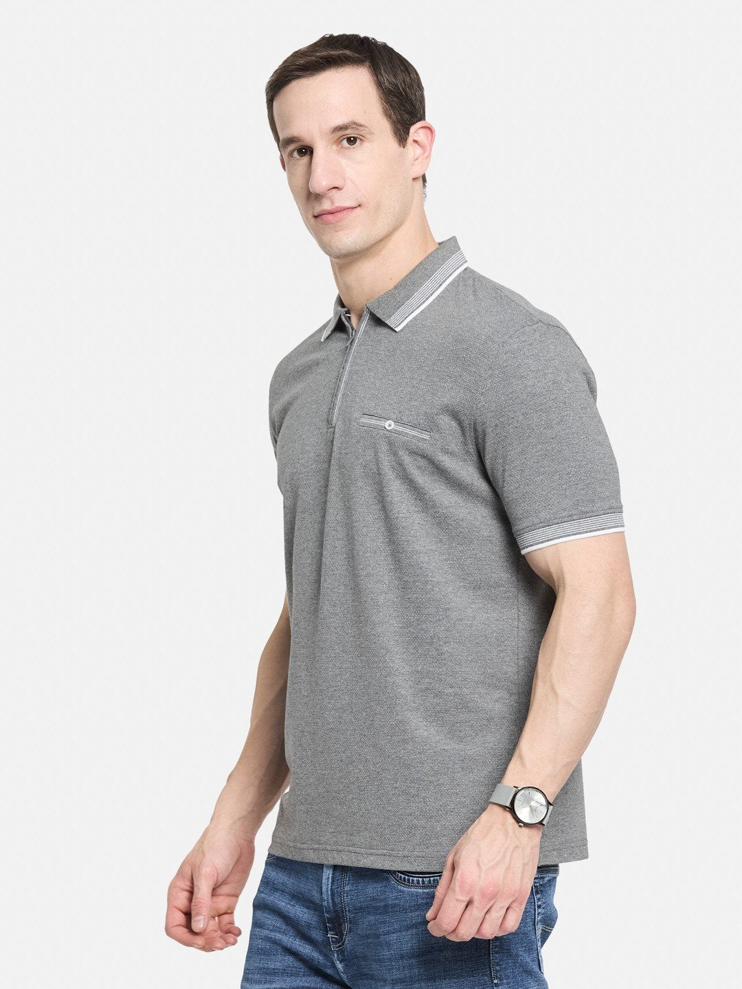 SOLID HALF-ZIP  POLO NECK POPCORN KNIT T-SHIRT