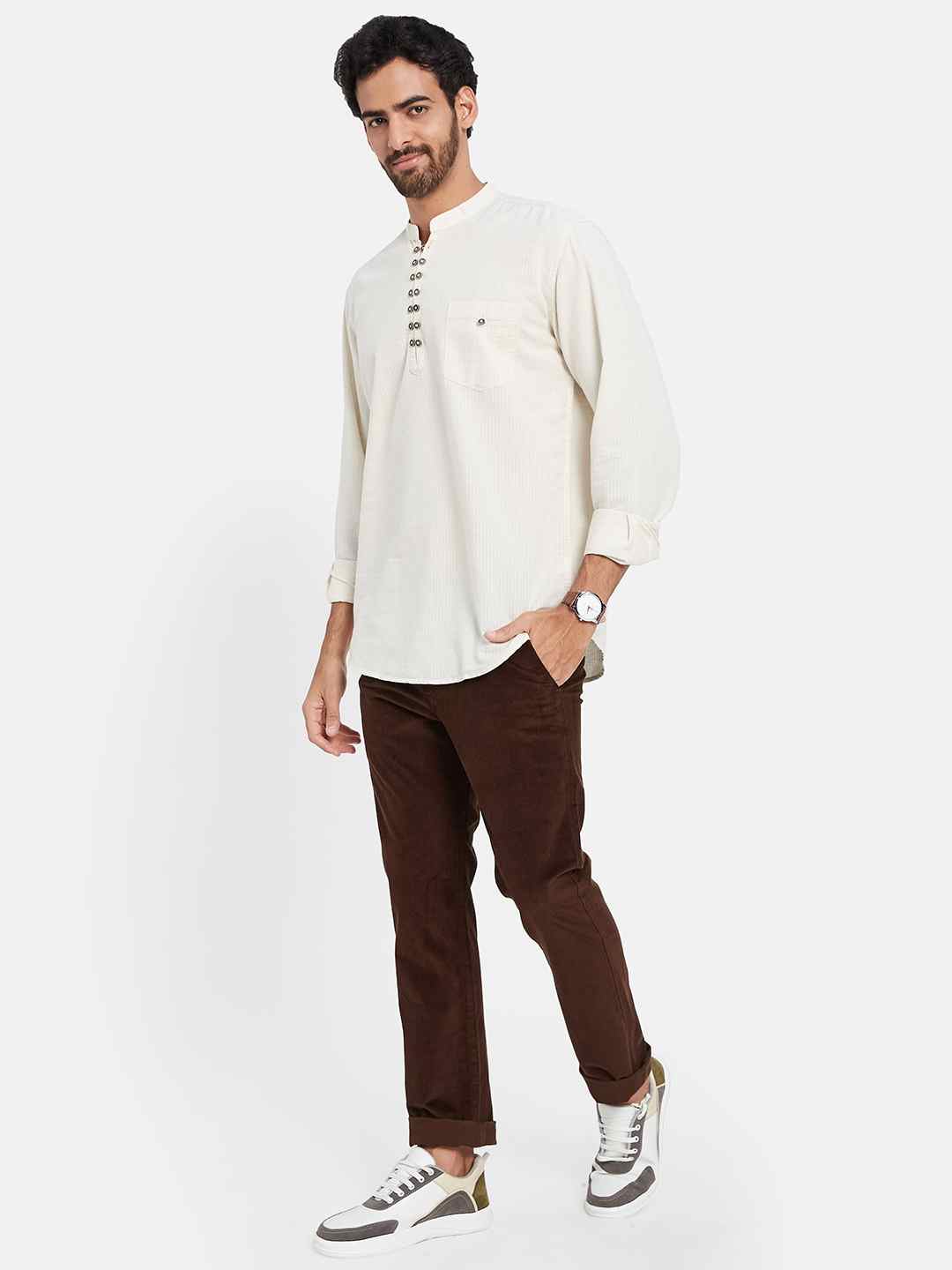 Mettle Vertical Stripes Mandarin Collar Cotton Casual Shirt