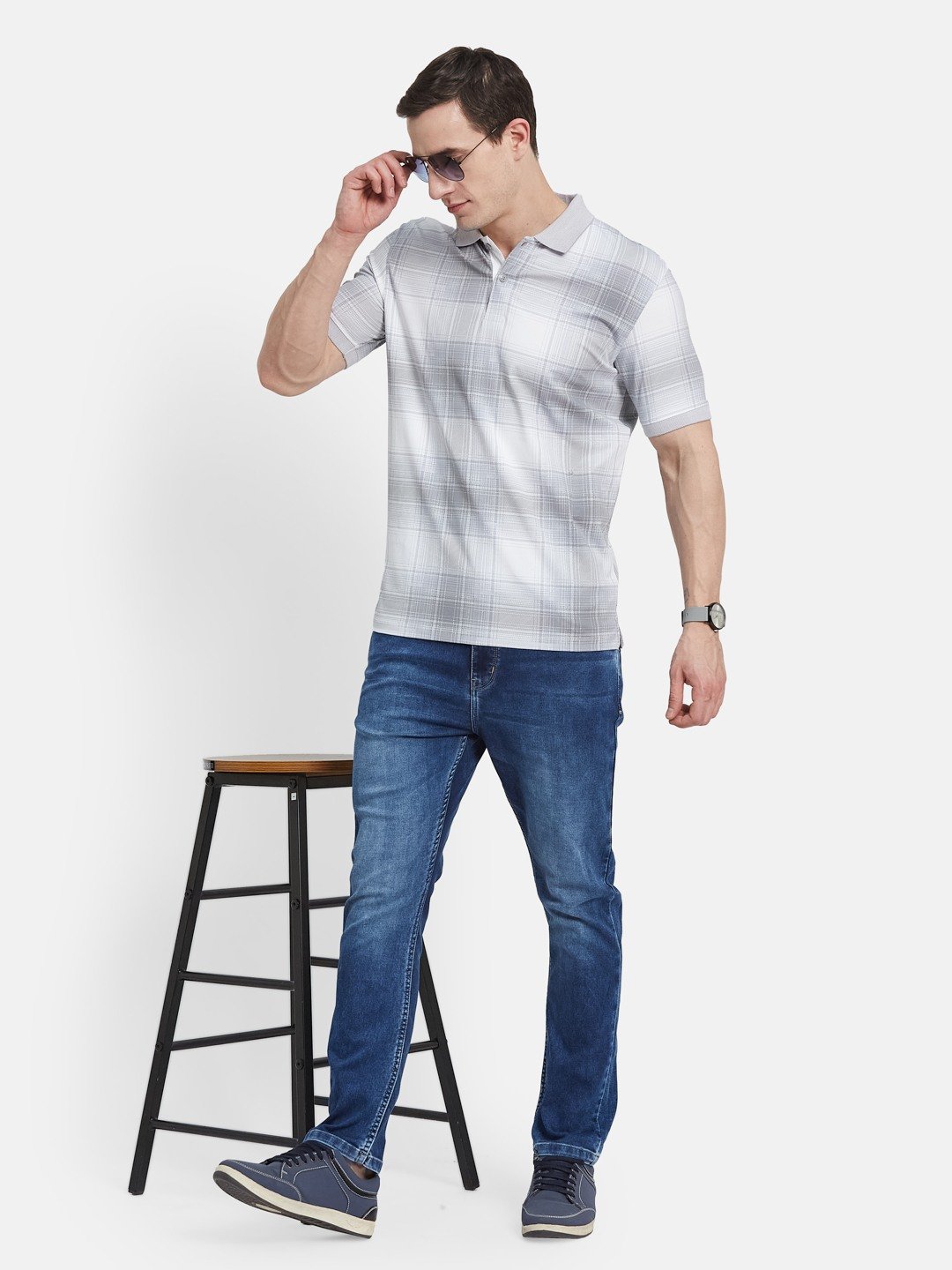 AOP CHECK PRINT POLO NECK SINGLE JERSEY KNIT T-SHIRT