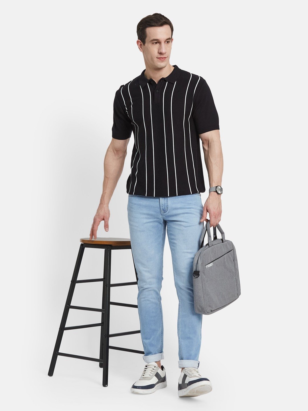 METTLE Men Striped Polo Collar Cotton T-shirt