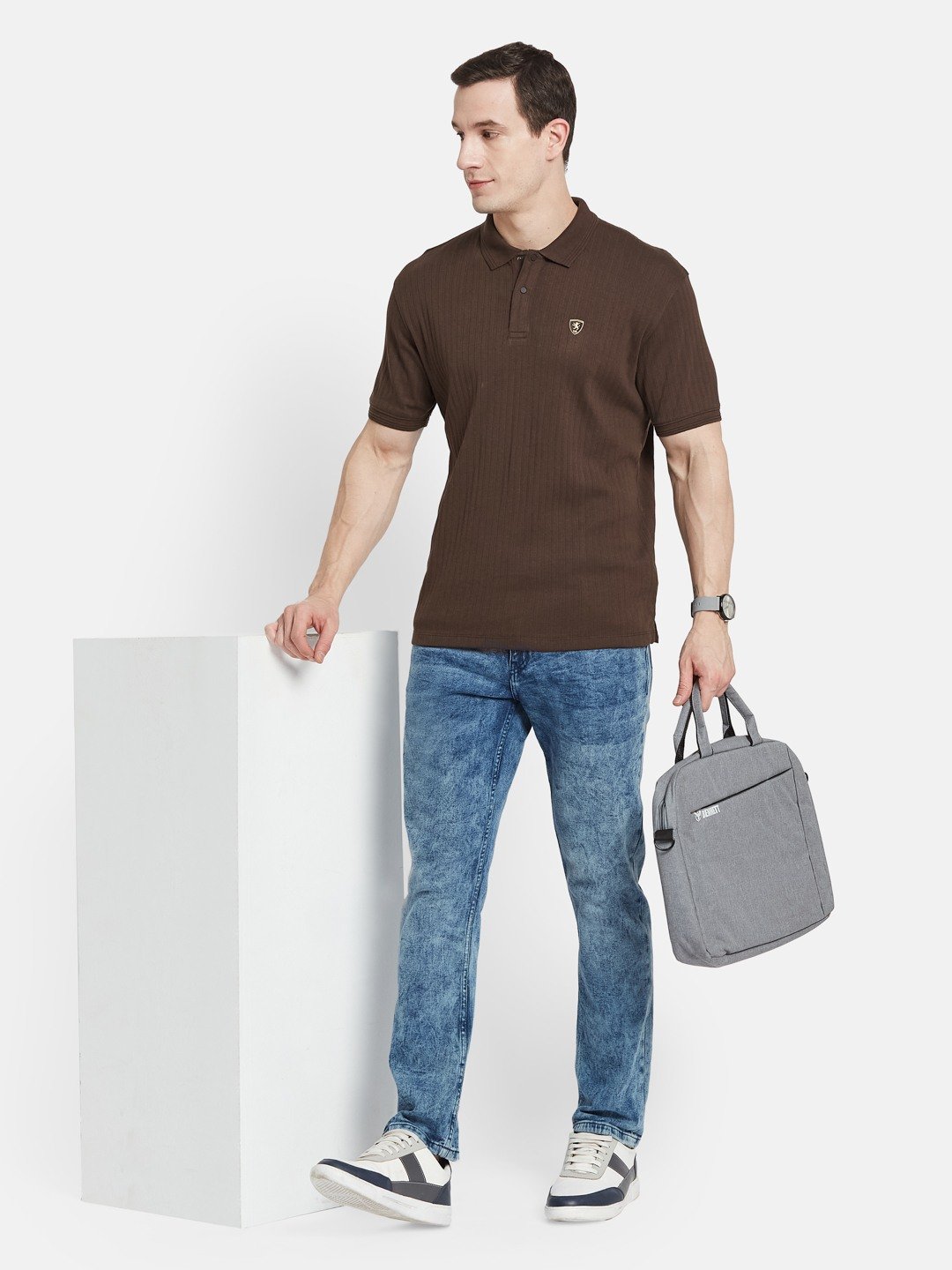 VERTICAL STRIPE POLO NECK RIB STRUCTURE T-SHIRT