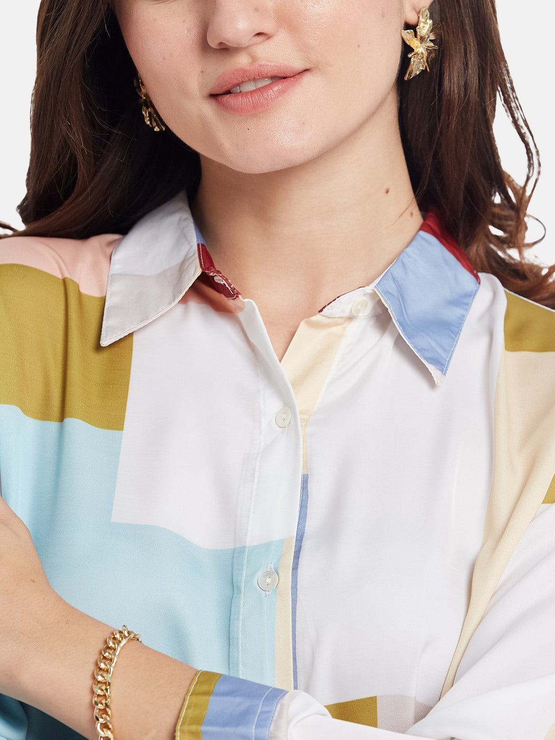 METTLE Women Colourblocked Cotton Shirt Style Top