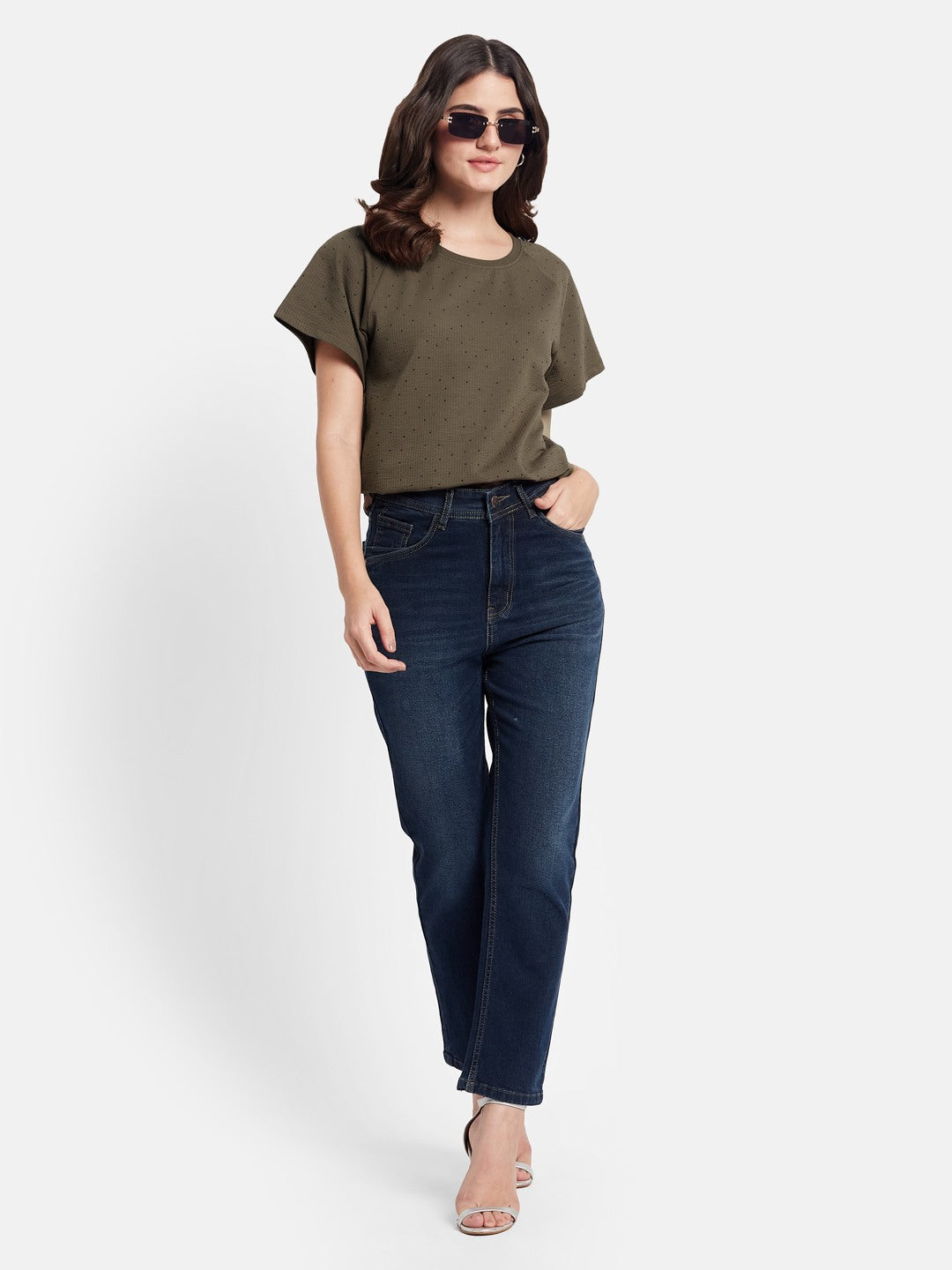 METTLE  Cut Outs Round Neck Casual T-shirt