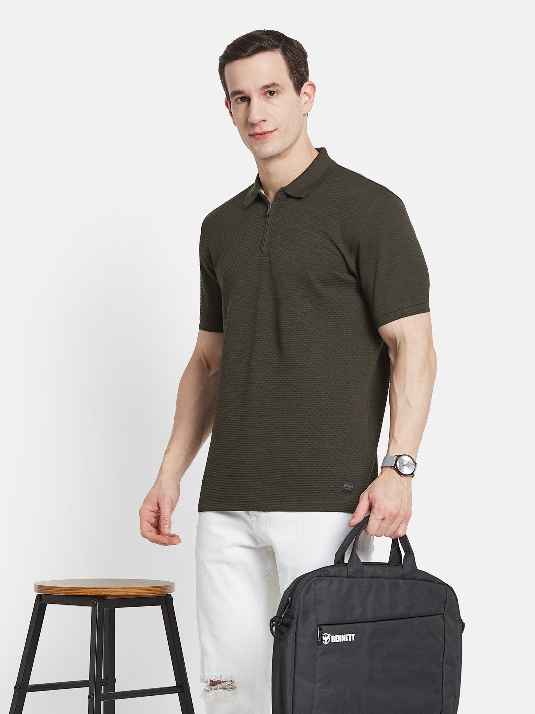 STRUCTURE HALF-ZIP POLO NECK POPCORN KNIT  T-SHIRT