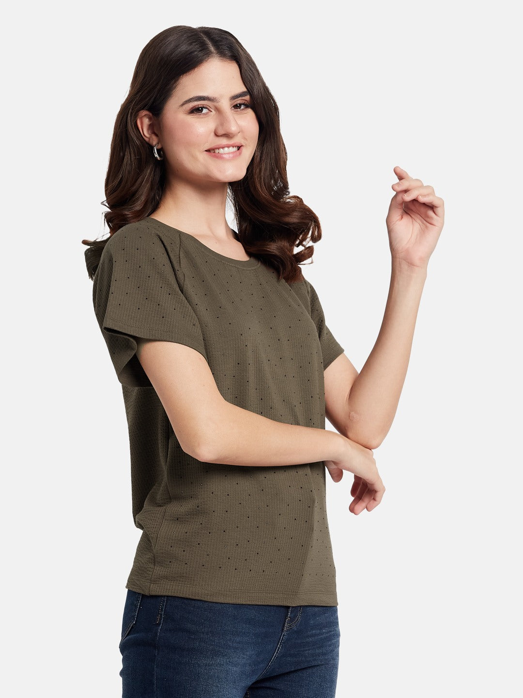 METTLE  Cut Outs Round Neck Casual T-shirt