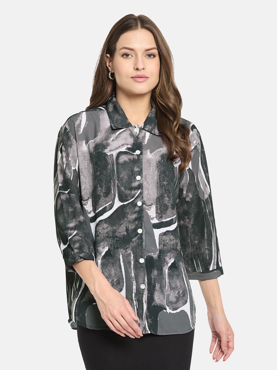 METTLE ss25 Women Charcoal Abstract Printed Cuffed Sleeves Cotton Shirt Style Top