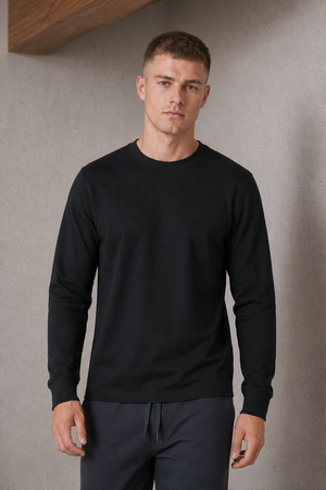 Men’s Black Interlock Full Sleeve Pre-Winter T-Shirt – Regular Fit Crew Neck Tee