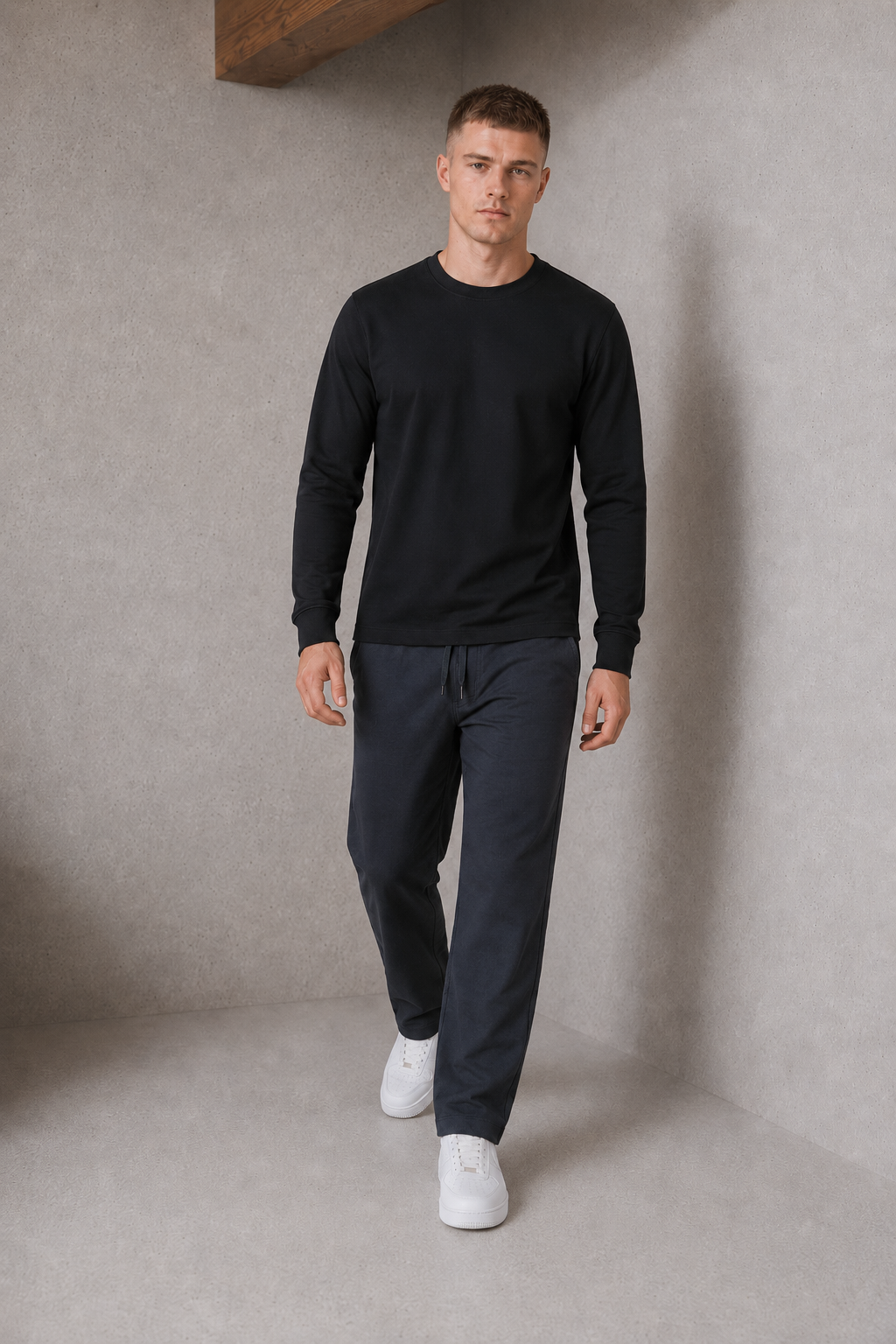 Men’s Black Interlock Full Sleeve Pre-Winter T-Shirt – Regular Fit Crew Neck Tee