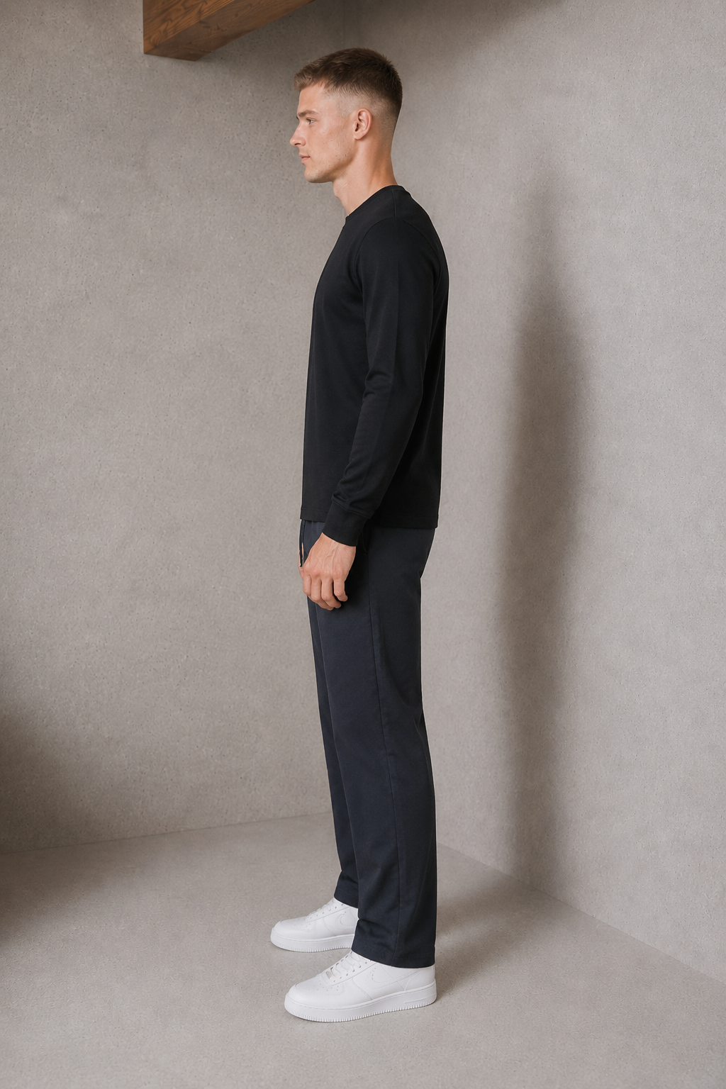 Men’s Black Interlock Full Sleeve Pre-Winter T-Shirt – Regular Fit Crew Neck Tee