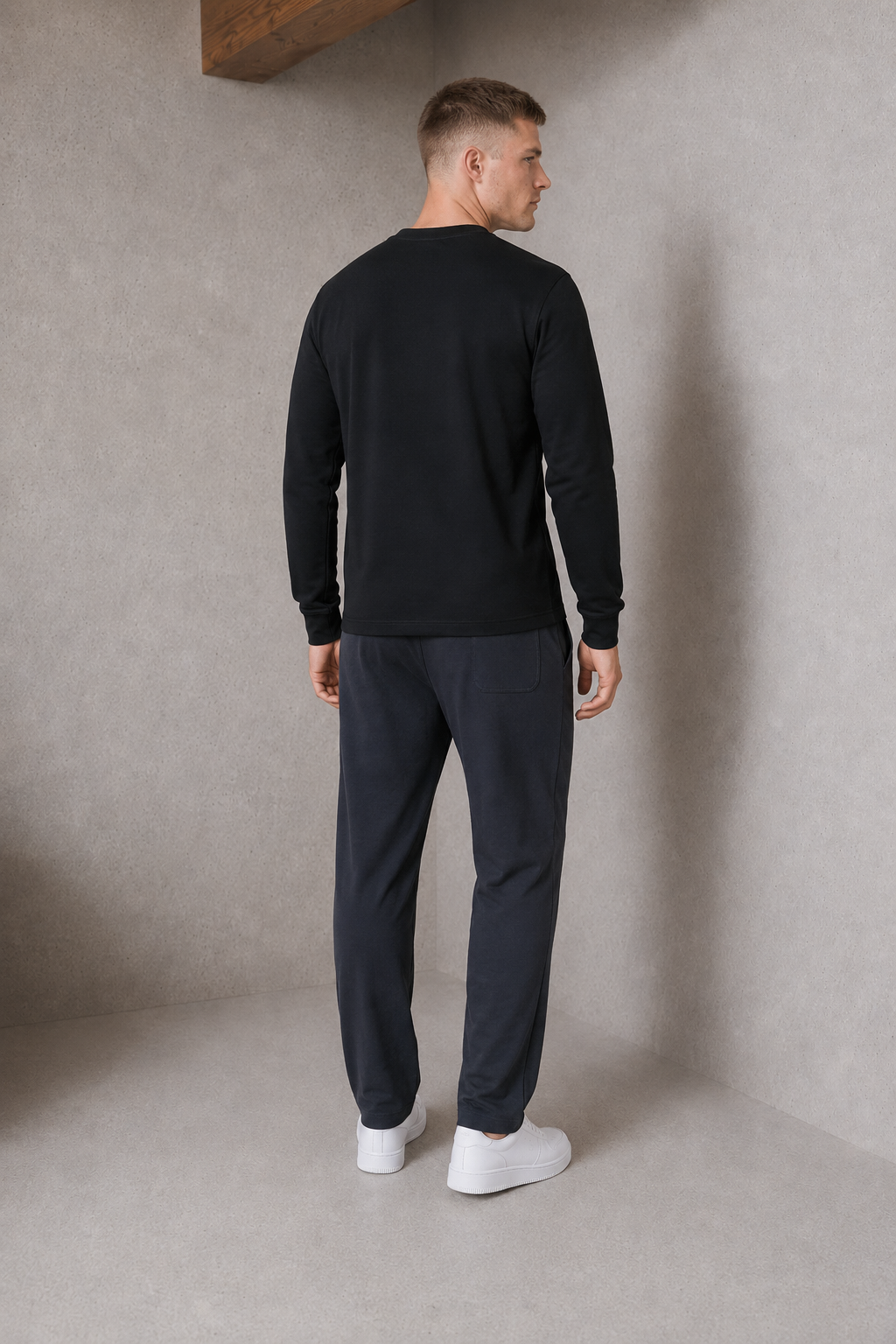 Men’s Black Interlock Full Sleeve Pre-Winter T-Shirt – Regular Fit Crew Neck Tee