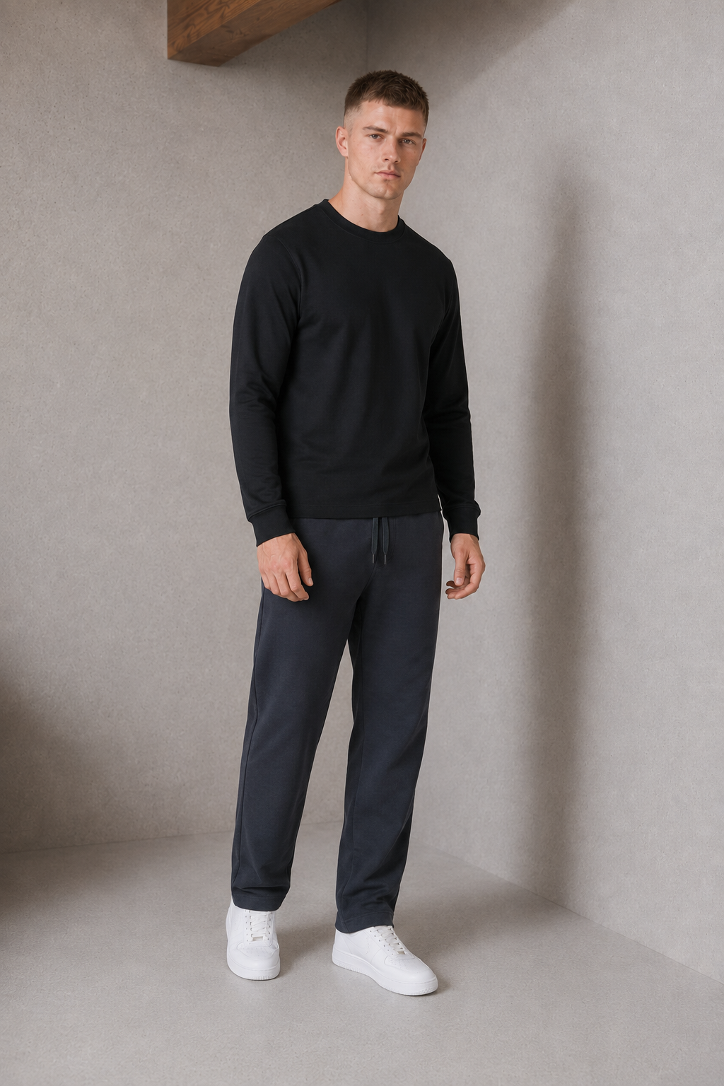 Men’s Black Interlock Full Sleeve Pre-Winter T-Shirt – Regular Fit Crew Neck Tee