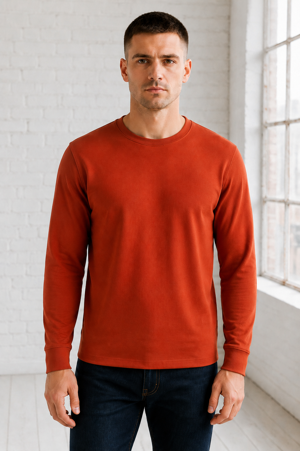 Men’s Rust Flat Back Rib Knit Full Sleeve Pre-Winter Sweatshirts