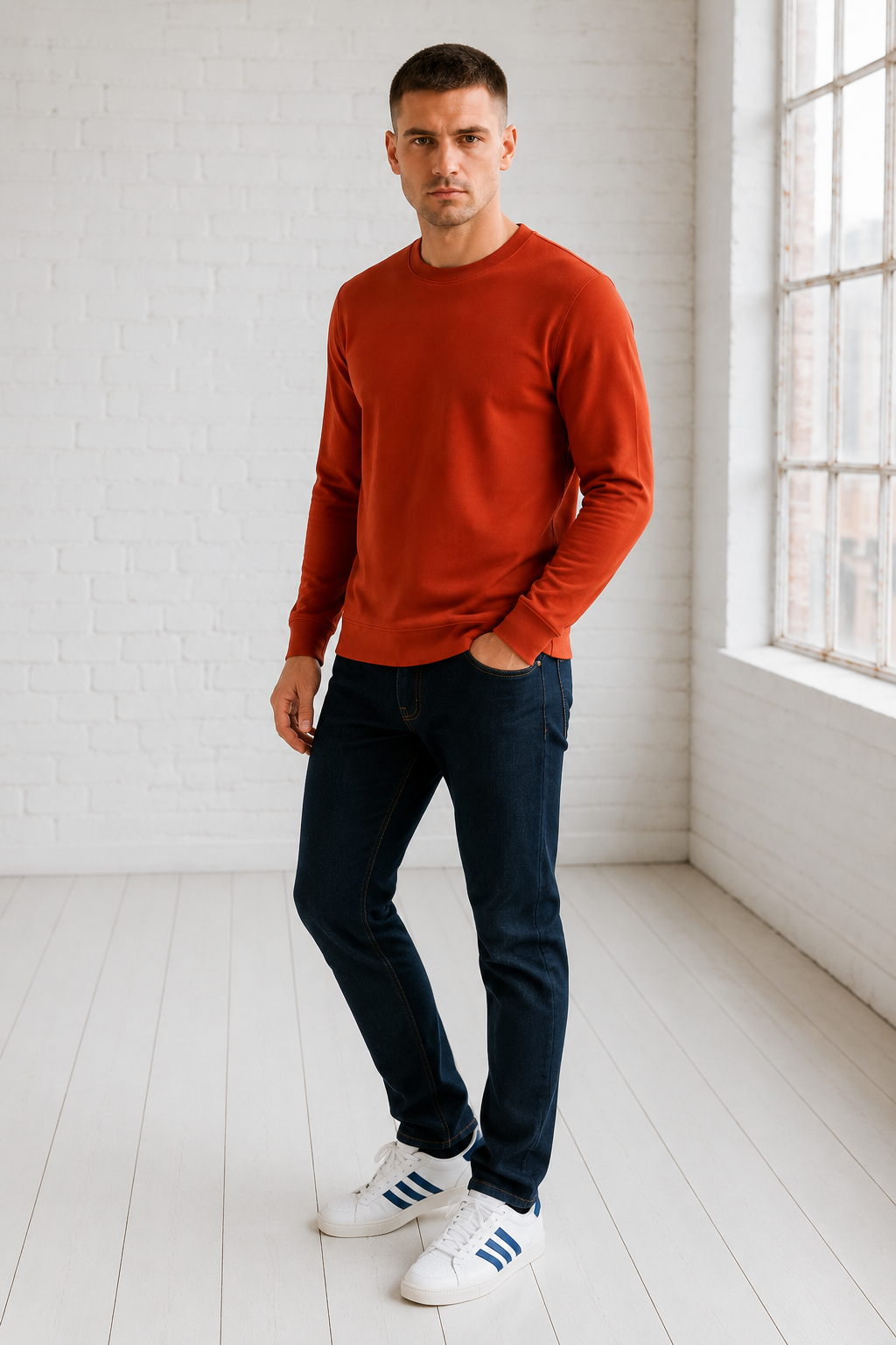 Men’s Rust Flat Back Rib Knit Full Sleeve Pre-Winter Sweatshirts