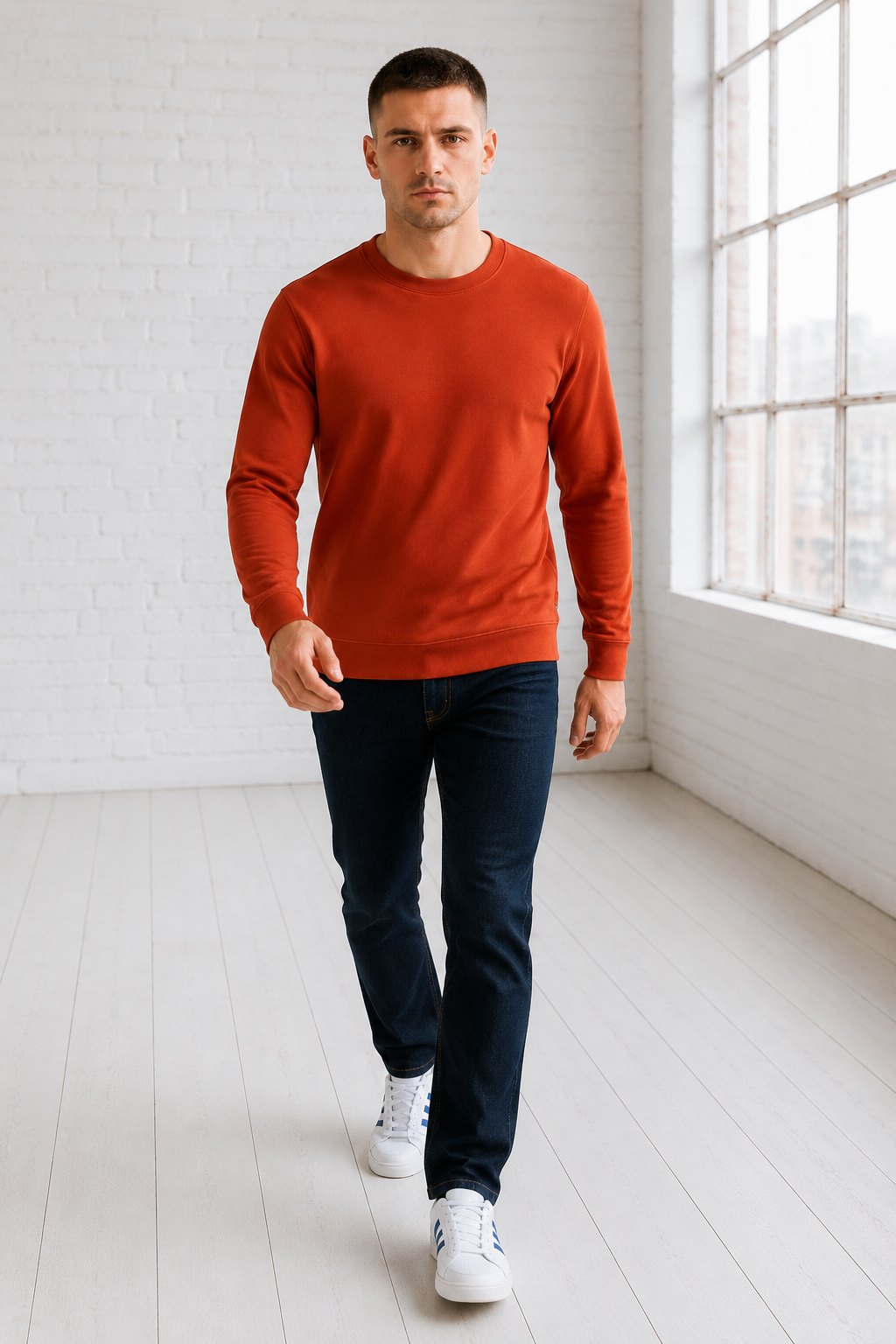 Men’s Rust Flat Back Rib Knit Full Sleeve Pre-Winter Sweatshirts