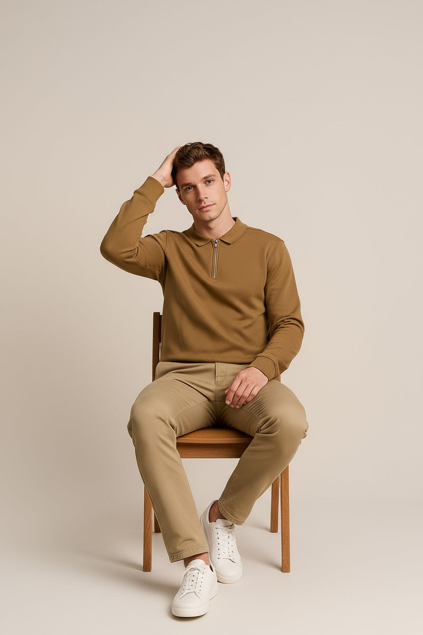 Octave Men Wheat Polo Neck  Solid Sweatshirt
