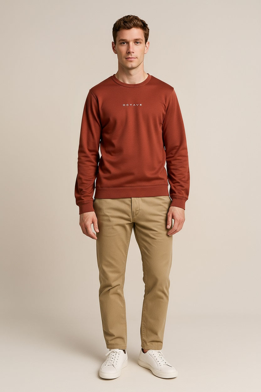 Octave Men Dark Rust Solid Round Neck Sweatshirt