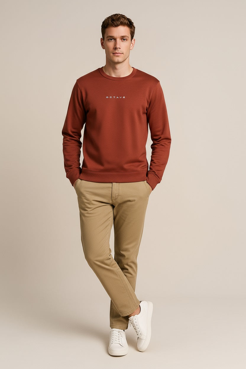 Octave Men Dark Rust Solid Round Neck Sweatshirt