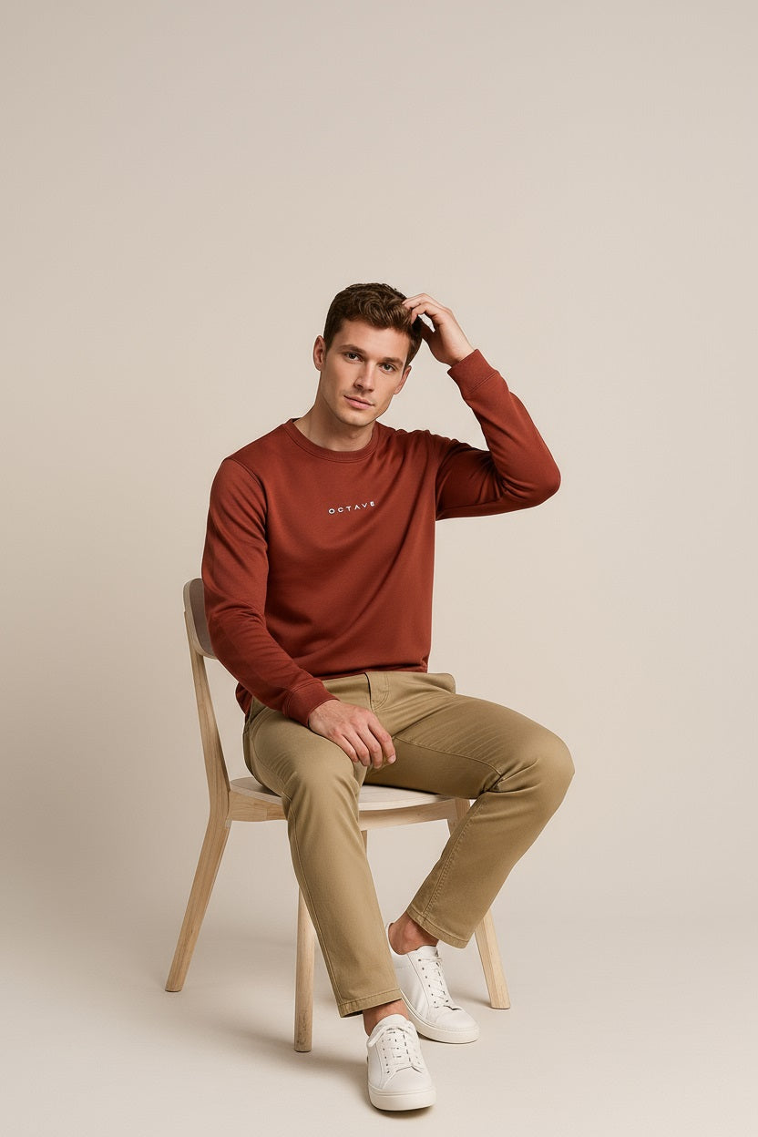Octave Men Dark Rust Solid Round Neck Sweatshirt