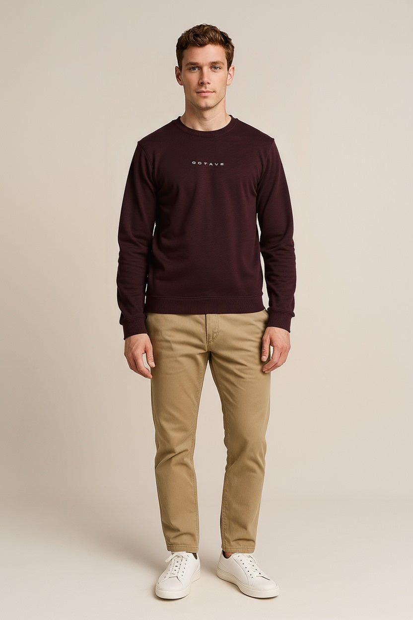 Octave Men Dark Wine Solid Round Neck Sweatshirt