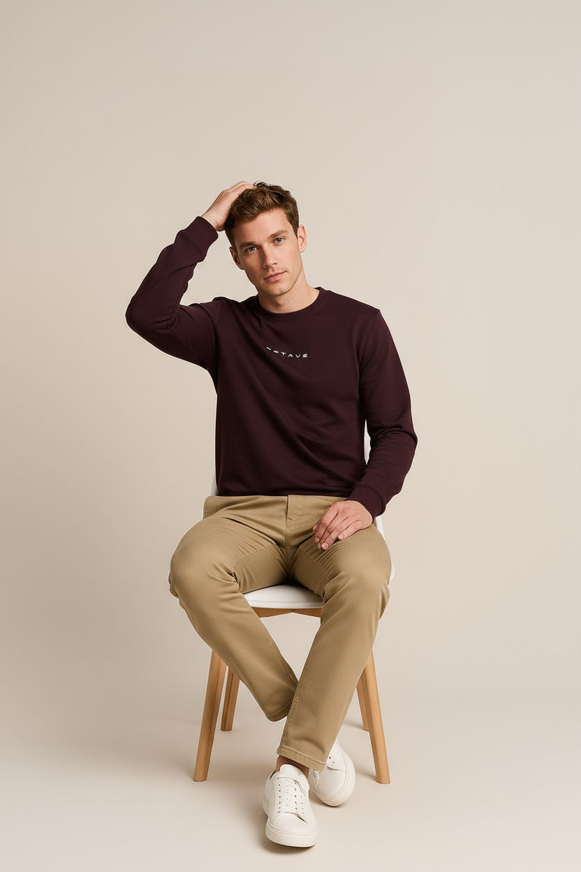 Octave Men Dark Wine Solid Round Neck Sweatshirt