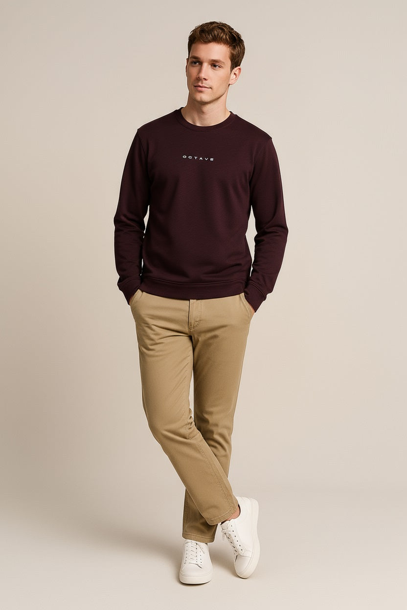 Octave Men Dark Wine Solid Round Neck Sweatshirt
