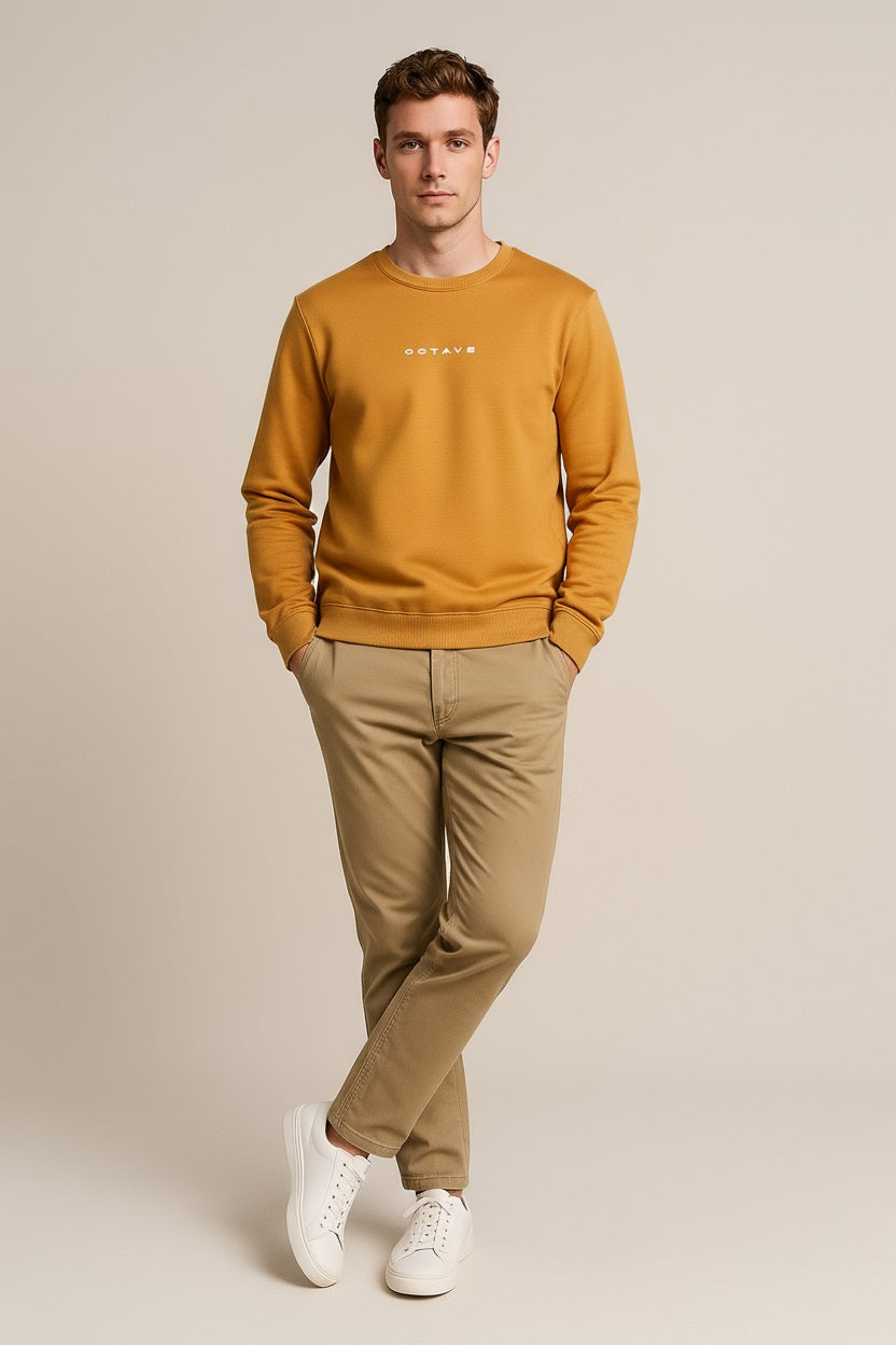 Octave Men Dusty Mustard Solid Round Neck Sweatshirt