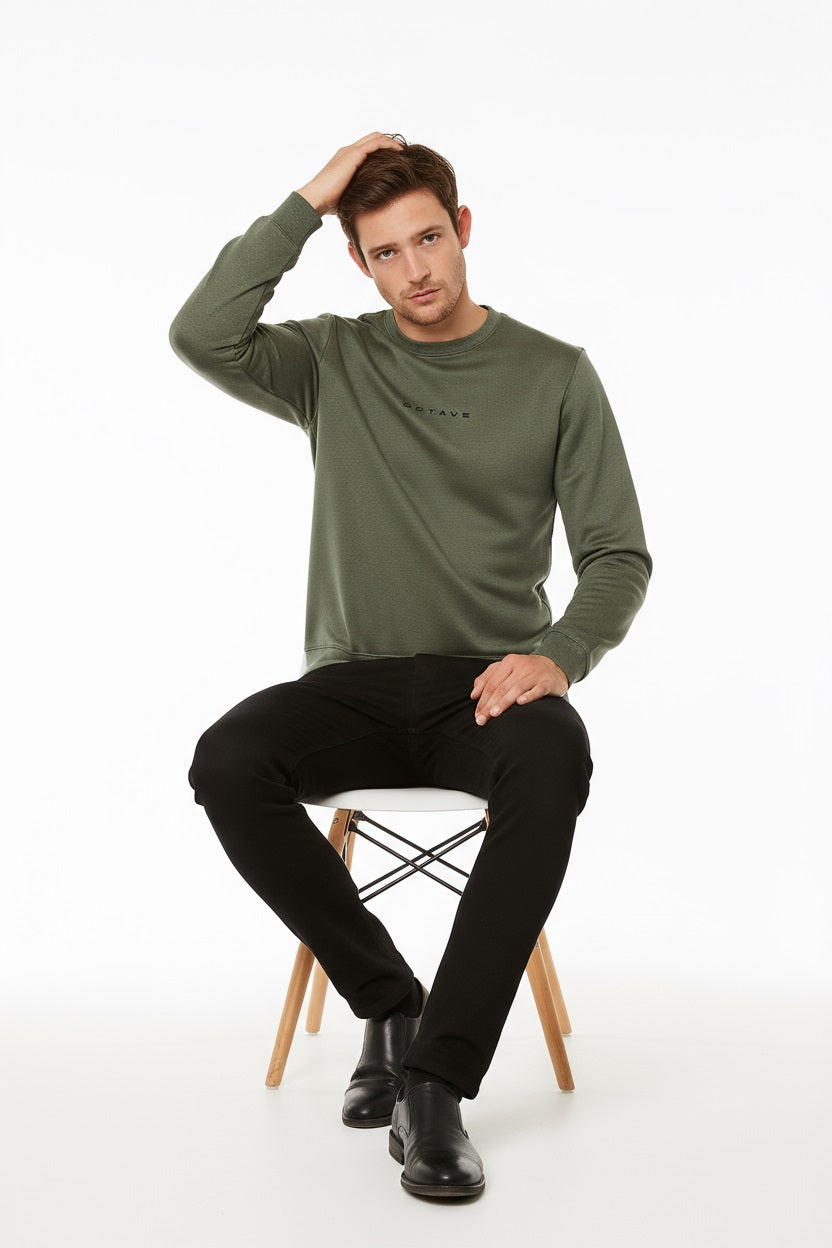 Octave Men Olive Solid Round Neck Sweatshirt