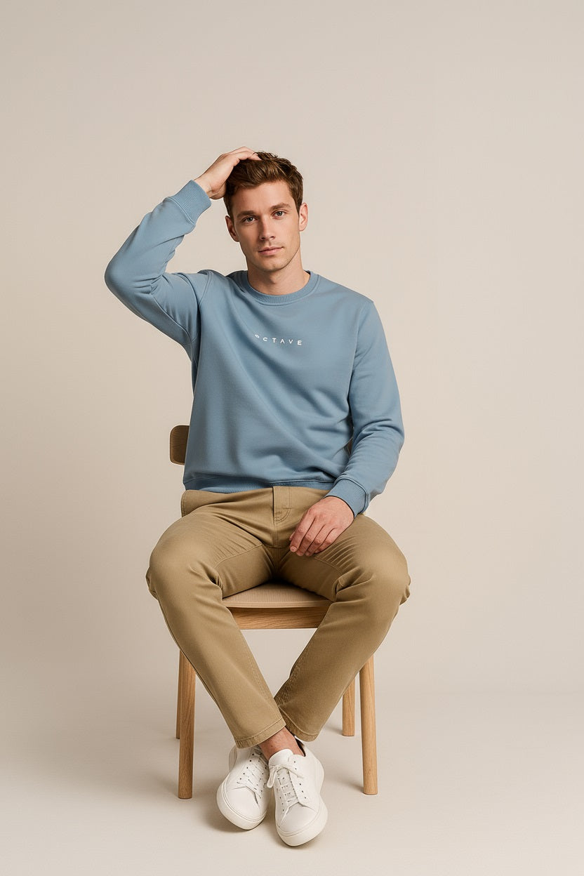 Octave Men Oxford Blue Solid Round Neck Sweatshirt