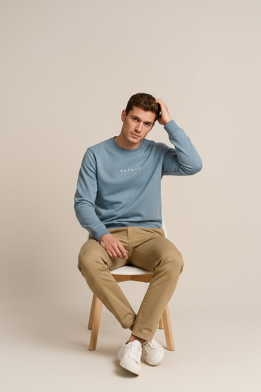 Octave Men Oxford Blue Solid Round Neck Sweatshirt