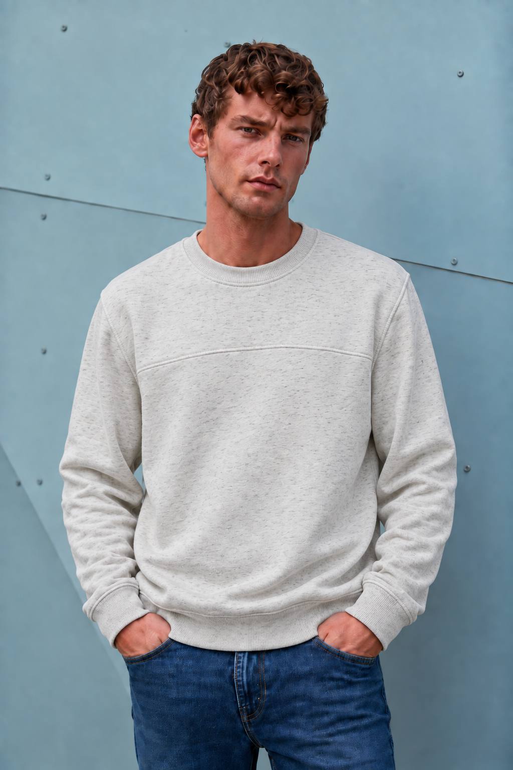 Men’s White Melange Cotton Brushed Fleece Sweatshirt – Regular Fit