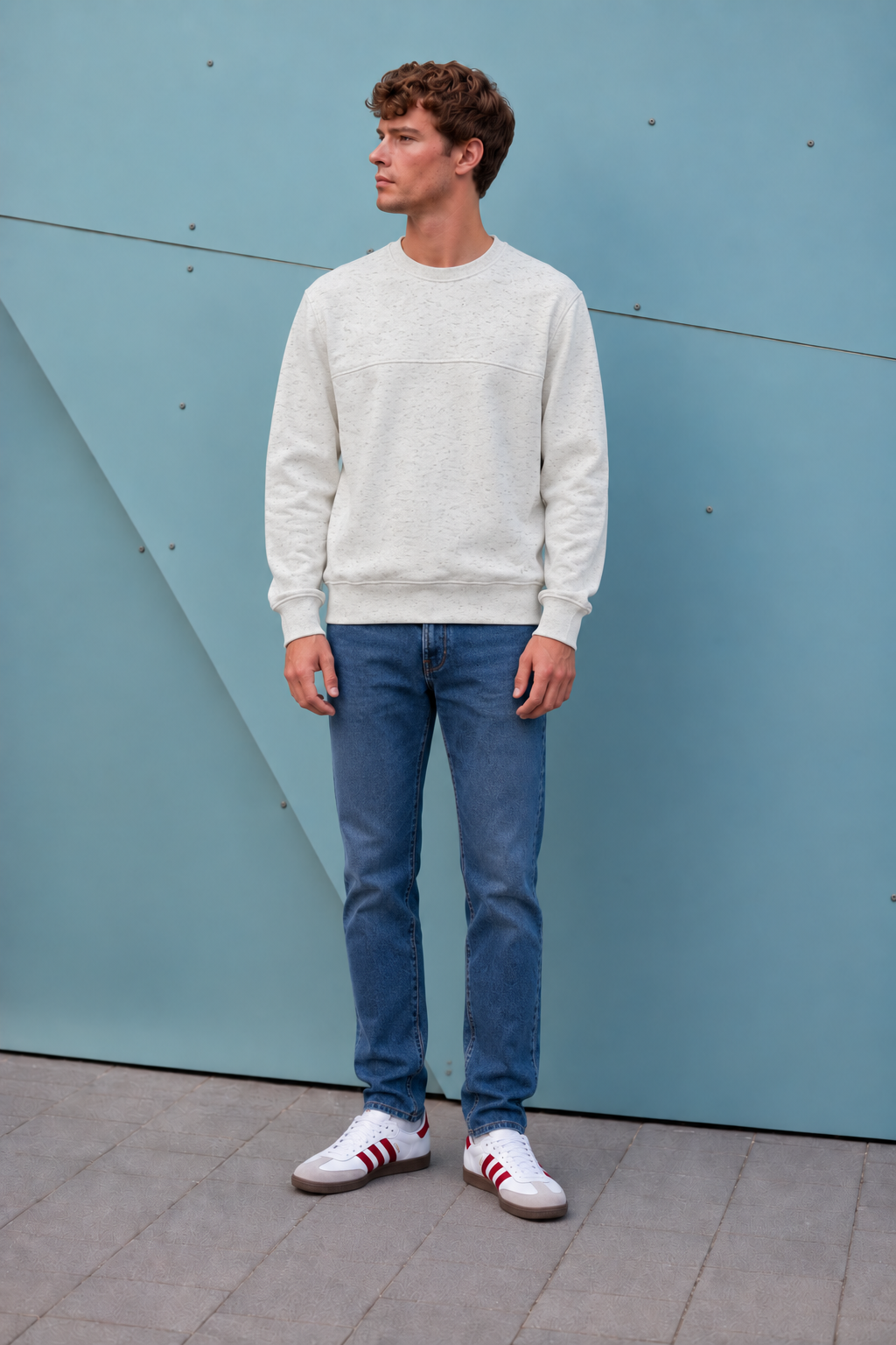Men’s White Melange Cotton Brushed Fleece Sweatshirt – Regular Fit