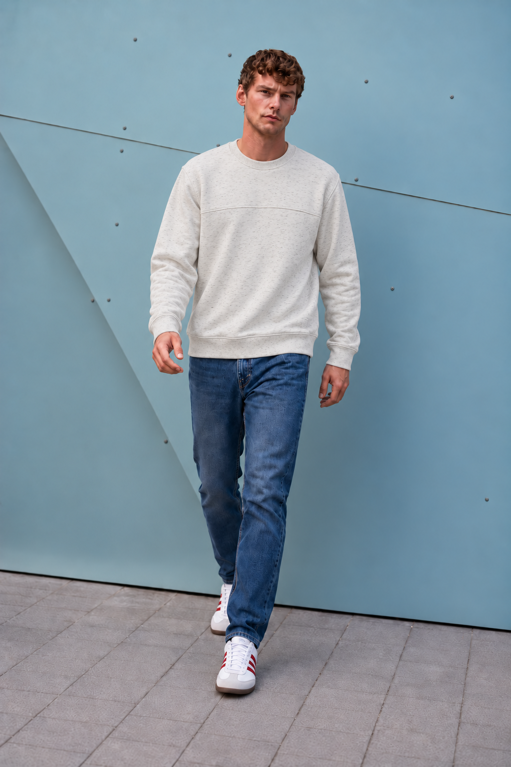 Men’s White Melange Cotton Brushed Fleece Sweatshirt – Regular Fit