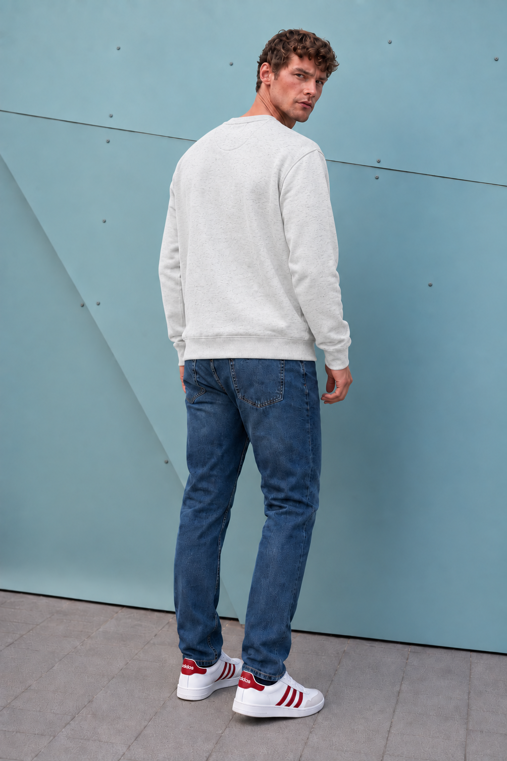 Men’s White Melange Cotton Brushed Fleece Sweatshirt – Regular Fit